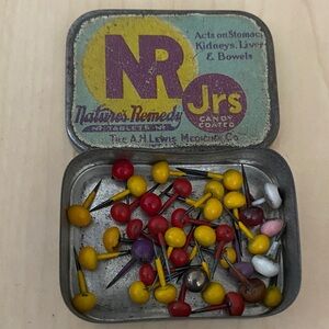 Vintage NR Jr's Nature's Remedy Candy-Coated Tin -with Vintage Pins